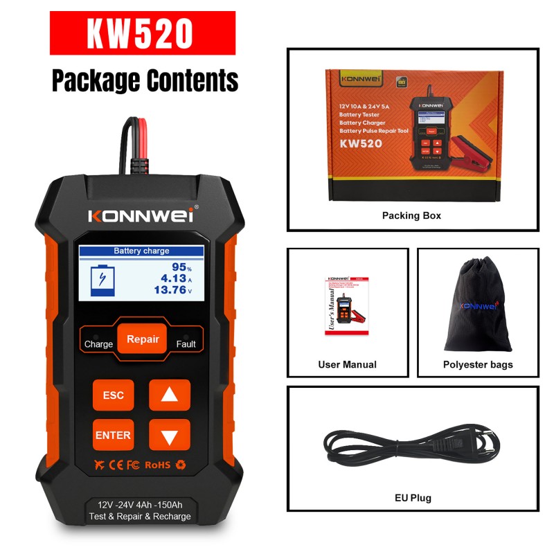 Φορτιστής και διαγνωστικό μπαταριών 12V/24V 4Ah-150Ah KW520 Konnwei