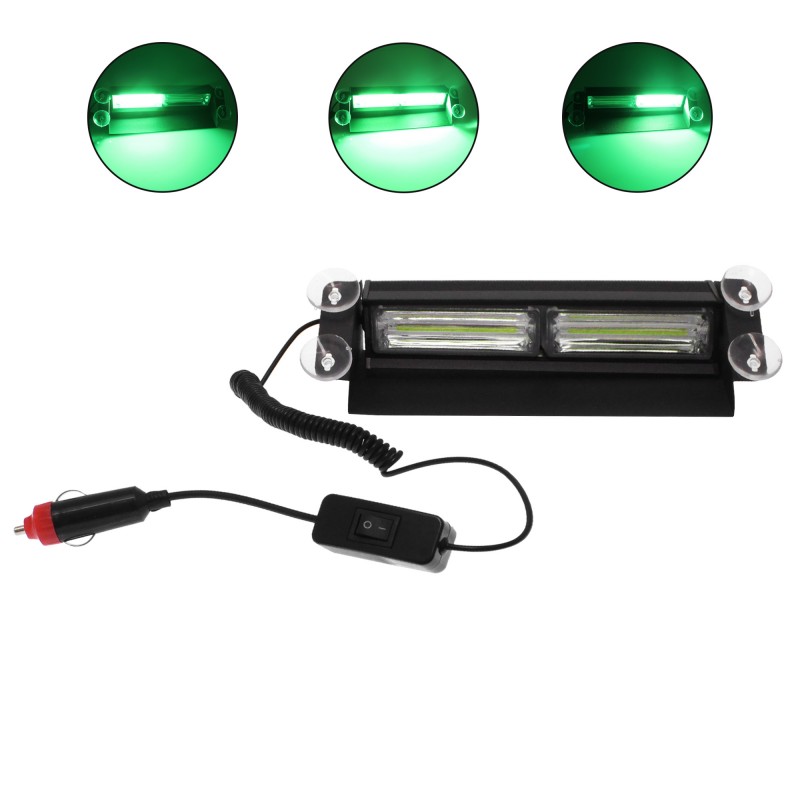 Φώτα προειδοποιητικά για παρμπρίζ υψηλής φωτεινότητας LED COB 8W 12V/24V πράσινο με αναπτήρα αυτοκινήτου και βεντούζες OEM