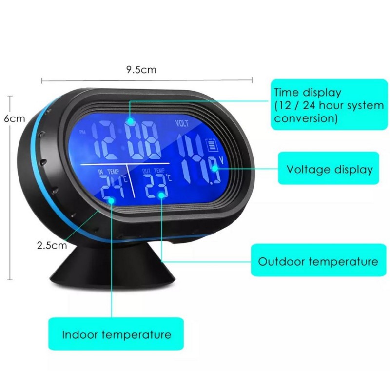 Ψηφιακό θερμόμετρο βολτόμετρο ρολόι αυτοκινήτου πολλαπλών ενδείξεων μαύρο-μπλε VST-7009V 