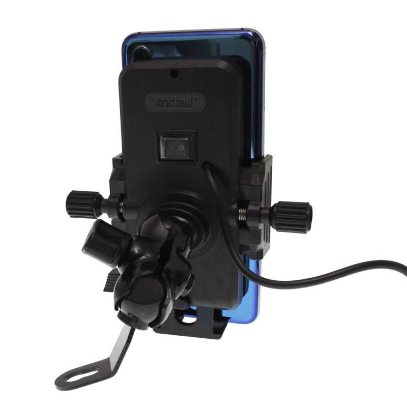 Βάση στήριξης κινητού με θύρα USB και διακόπτη 12V/24V για καθρέπτη μοτοσυκλέτας μαύρη Q-CD66 Andowl