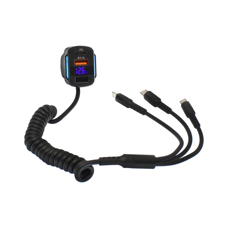 Ψηφιακό βολτόμετρο και φορτιστής αυτοκινήτου με θύρες USB/Type C 12V/24V 3.1A και καλώδιο σπιράλ 3 σε 1 Type C/Micro USB/Lightning K4 OEM