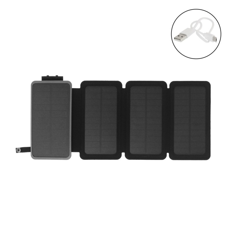 Ηλιακό Powerbank και φακός 10000mAh με 4 πάνελ, 2 θύρες USB και 1 θύρα Micro USB σε δερμάτινη θήκη μαύρο με γκρι ΟΕΜ