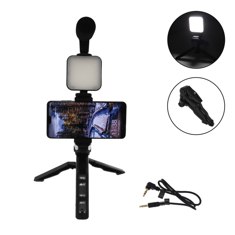 Τρίποδο με βάση κινητού/κάμερας, LED φωτισμό και μικρόφωνο μαύρο AY-49