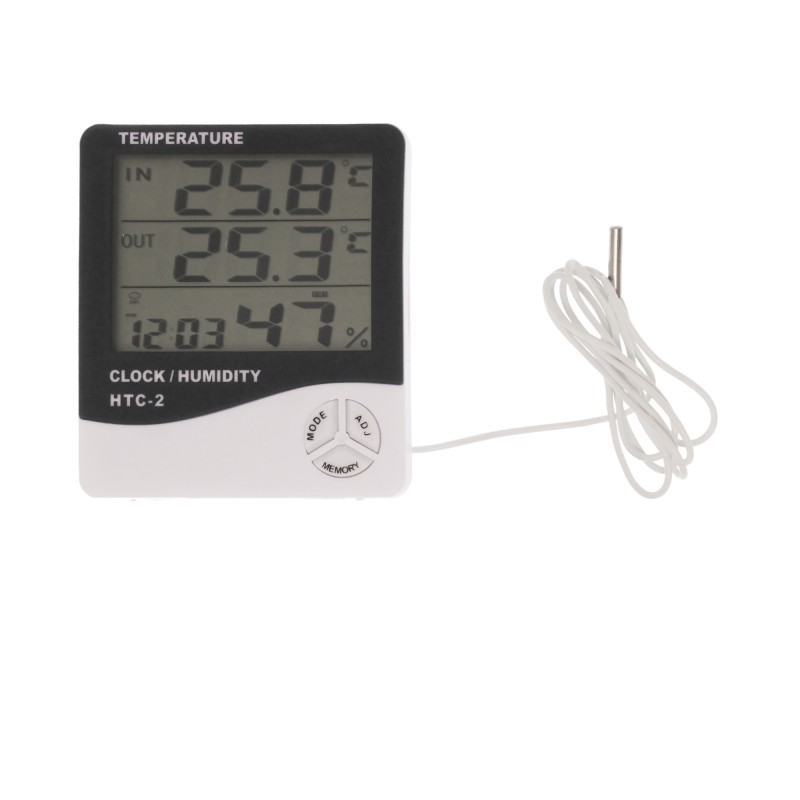 Ψηφιακό ρολόι, θερμόμετρο, υγρόμετρο, ξυπνητήρι και ημερολόγιο λευκό με διπλό αισθητήρα HTC-2 OEM 