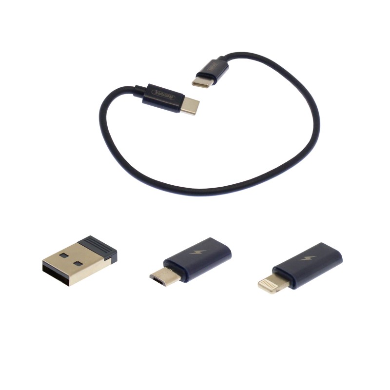 Σετ με Type C καλώδιο φόρτισης 60W και 3 αντάπτορες USB/Lightning/Micro USB σε μπλε θήκη RC-190 REMAX
