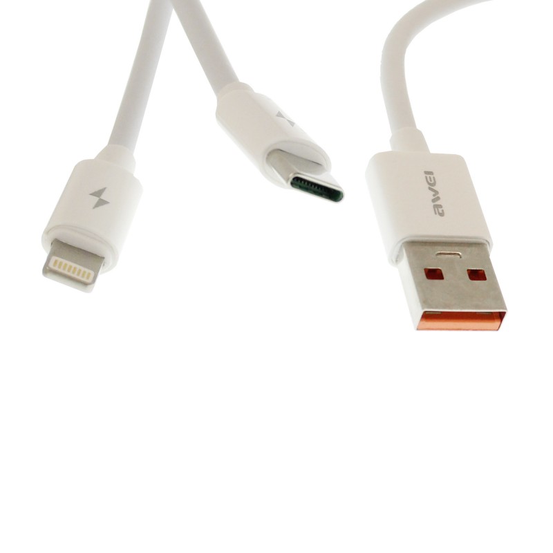 Καλώδιο γρήγορης φόρτισης και μεταφοράς δεδομένων USB σε Type C και Lightning 1.20m λευκό CL-79 Awei