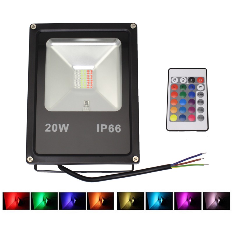 LED αδιάβροχος προβολέας dimmable 20W 220V RGB 1800LM IP66 με τηλεχειριστήριο μαύρος OEM